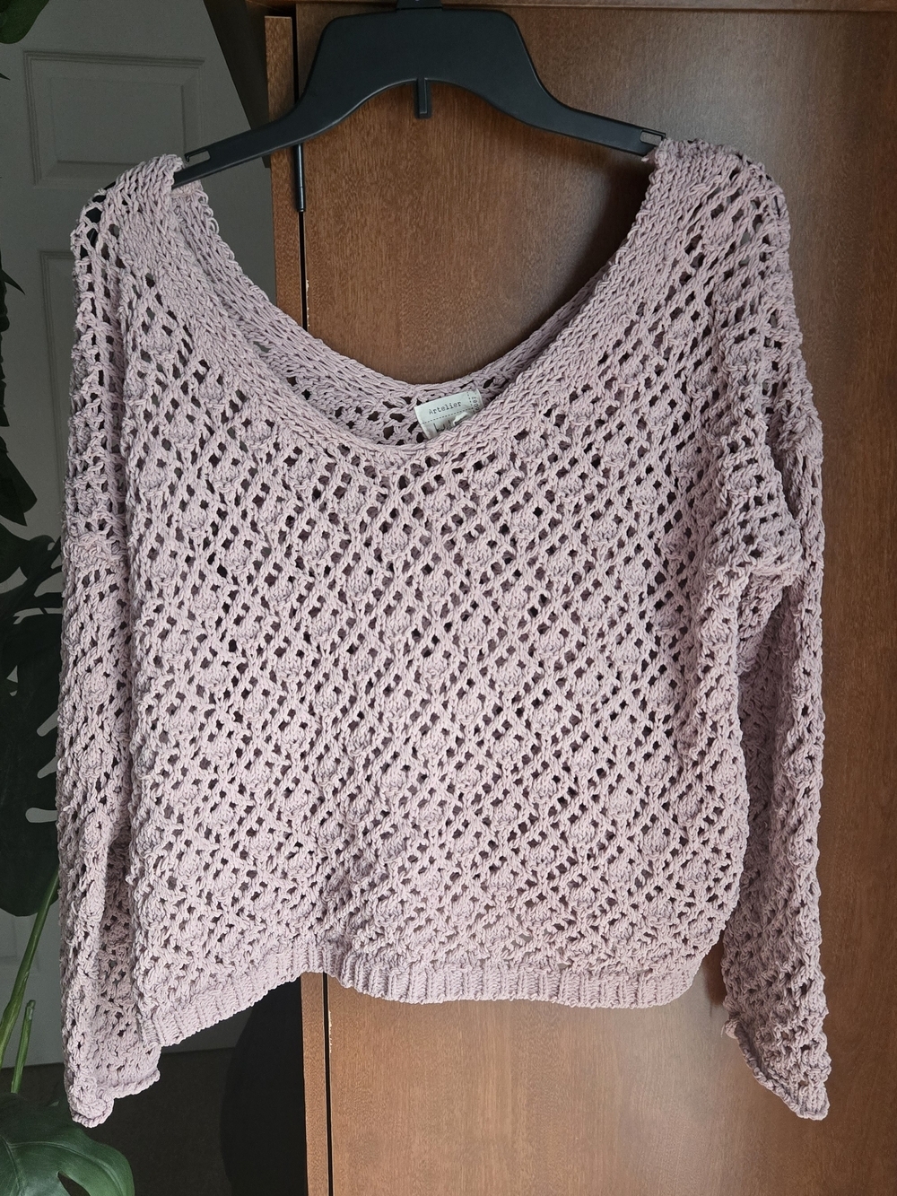 Off-the-Shoulder Crochet Sweater in Tan